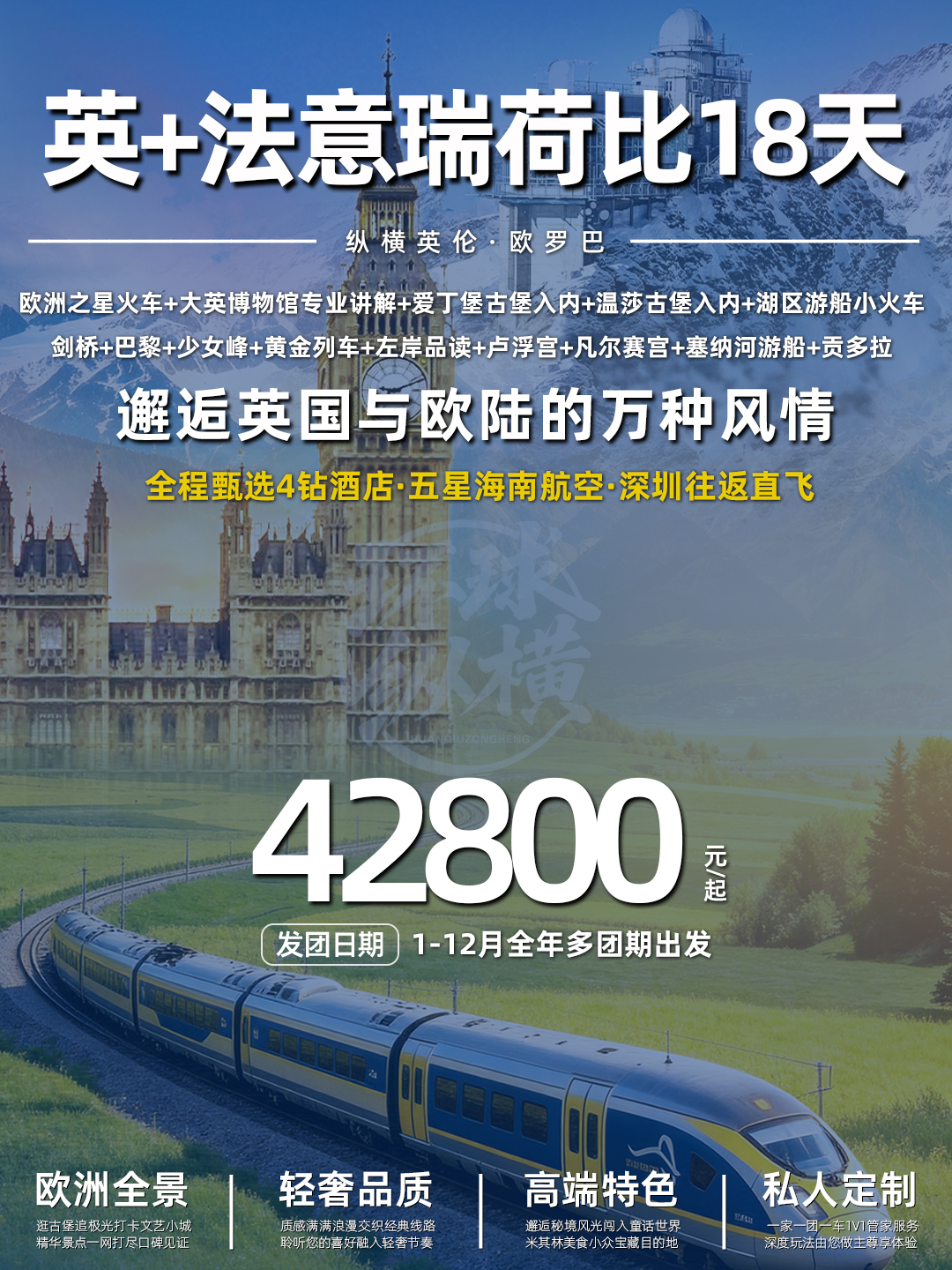 精品 英国+法国+瑞士+意大利+荷兰+比利时+欧洲之星 18天>